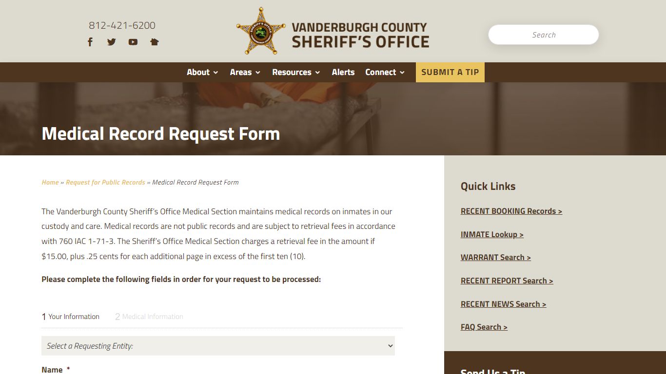 Medical Record Request Form - Vanderburgh County Sheriff's ...